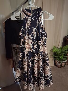 B Darlin Navy and Blush Floral Halter Midi Dress